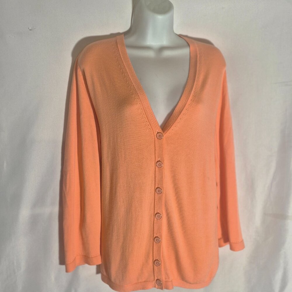 TALBOTS pretty coral colored long sweater,, button front, pockets, in size 2XL
